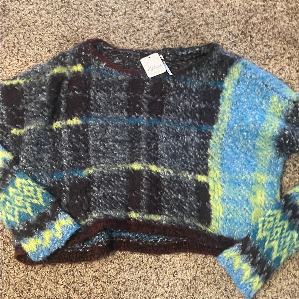 Free People Multicolor Plaid Crew Neck Sweater